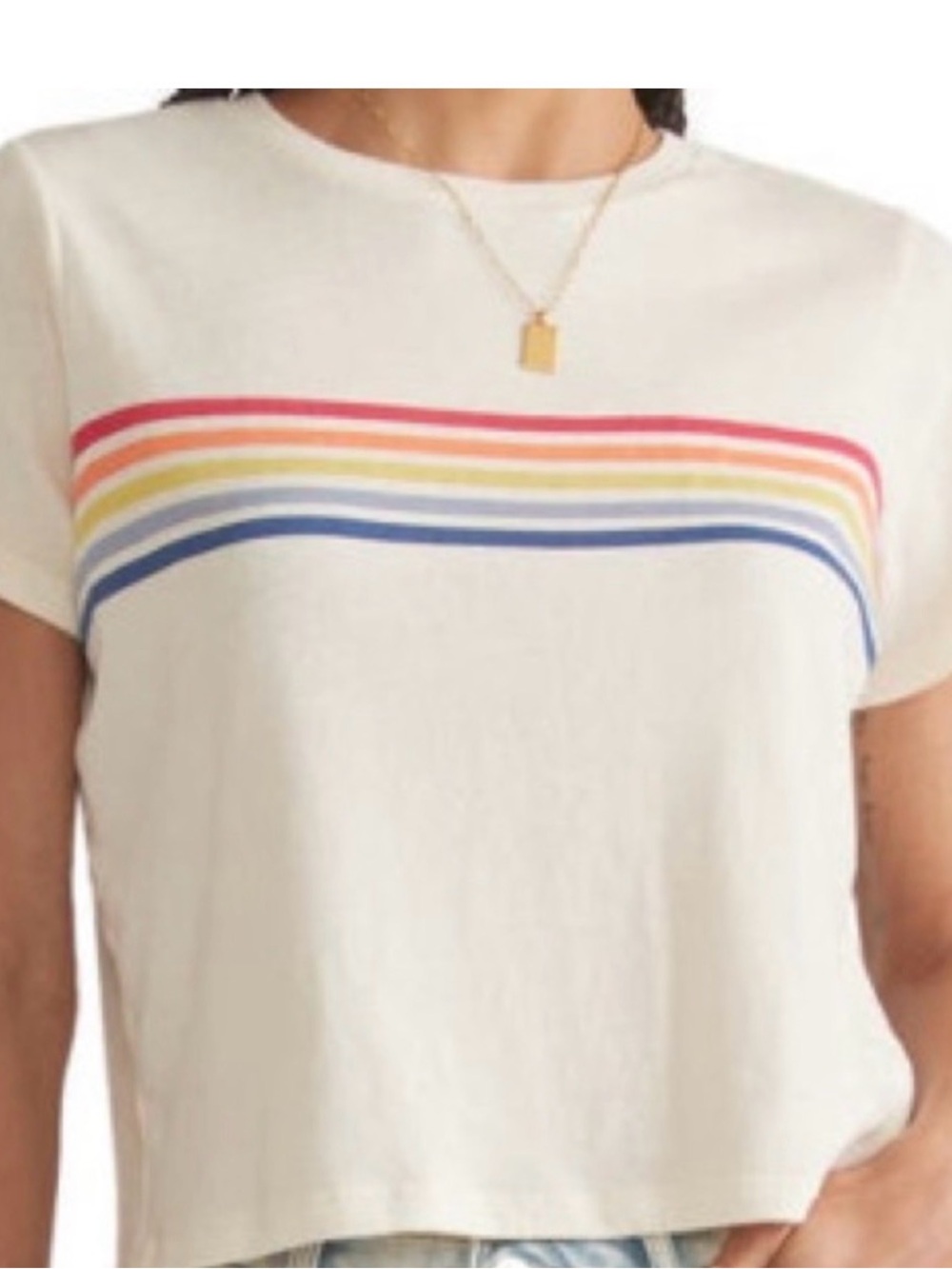 Marine Layer White Tee with Rainbow Chest Stripes